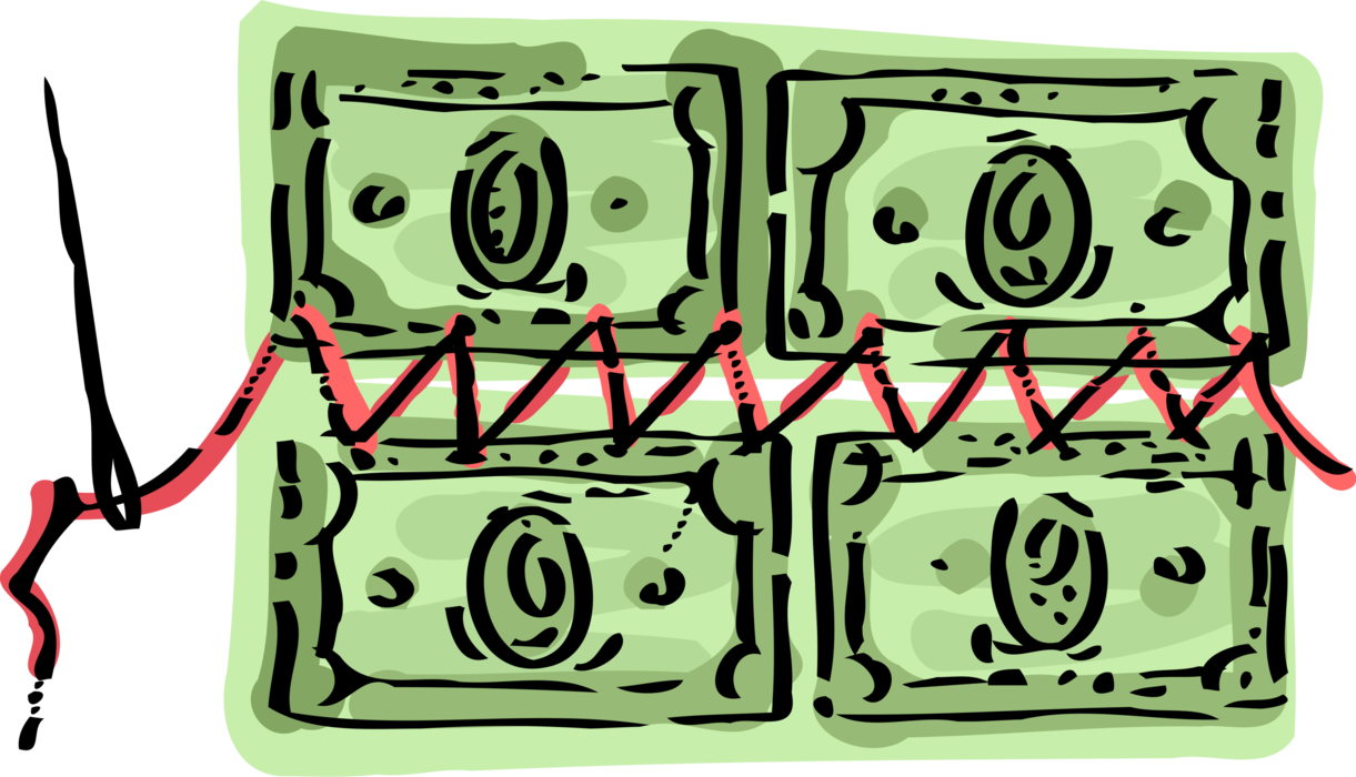 Vector Illustration of Volatile Investment Markets Turn Cash Money Currency into Security Blanket with Needle and Thread
