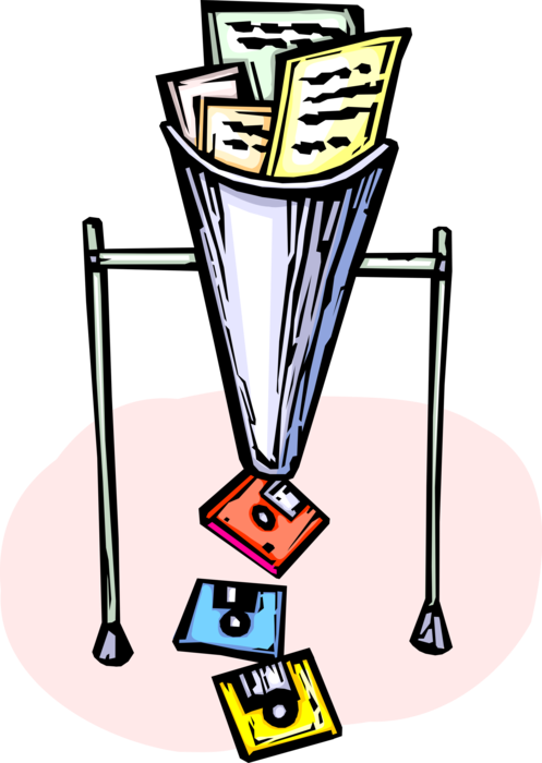 Vector Illustration of Processing Printed Data onto Floppy Disk Storage Media