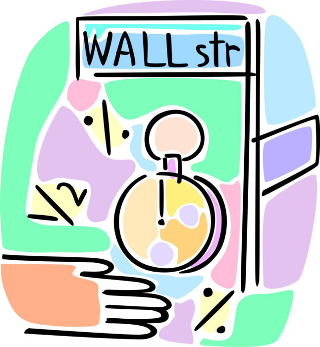 Vector Illustration of Wall Street Stock Exchange Financial Investment with Stopwatch and Finance Symbols