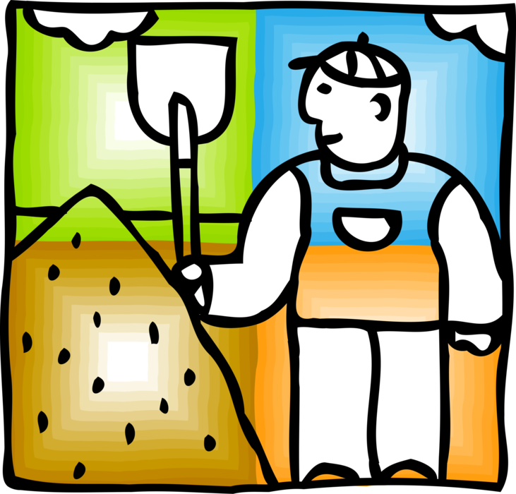 Vector Illustration of Worker Creates Pile of Dirt with Shovel Digging Tool