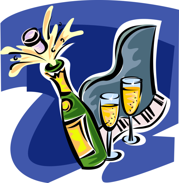 Vector Illustration of French Bubbly Champagne Bottle Uncorked with Flute Glasses and Piano Keyboard