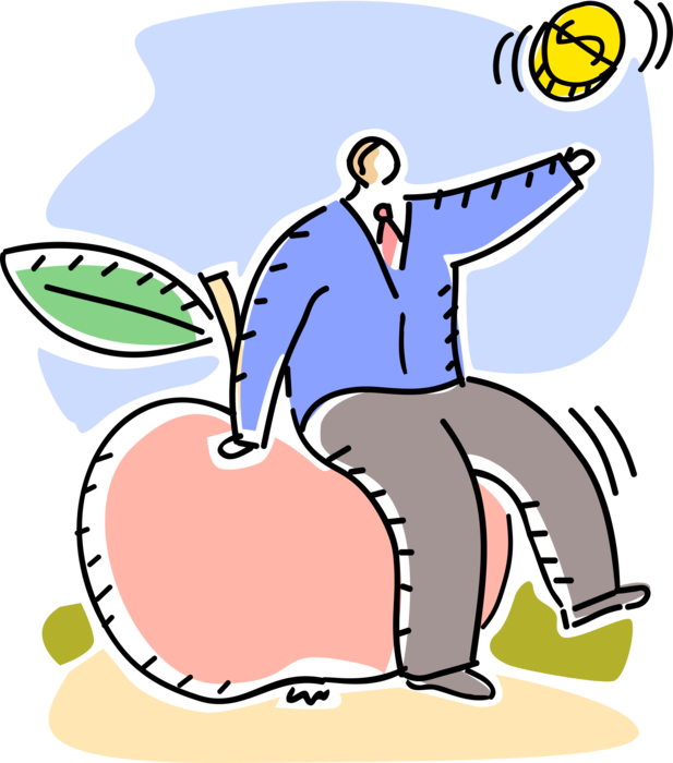 Vector Illustration of Experienced Businessman with Financial Gains from Apple Symbol of Knowledge and Learning