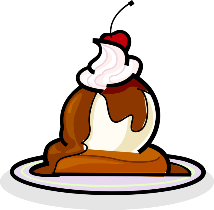 Vector Illustration of Gelato Ice Cream with Fudge Sauce, Whipped Cream and Cherry Dessert