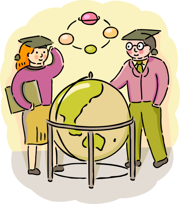 Vector Illustration of Undergraduates with University Degrees in Astrophysics Ponder Universe with World Globe