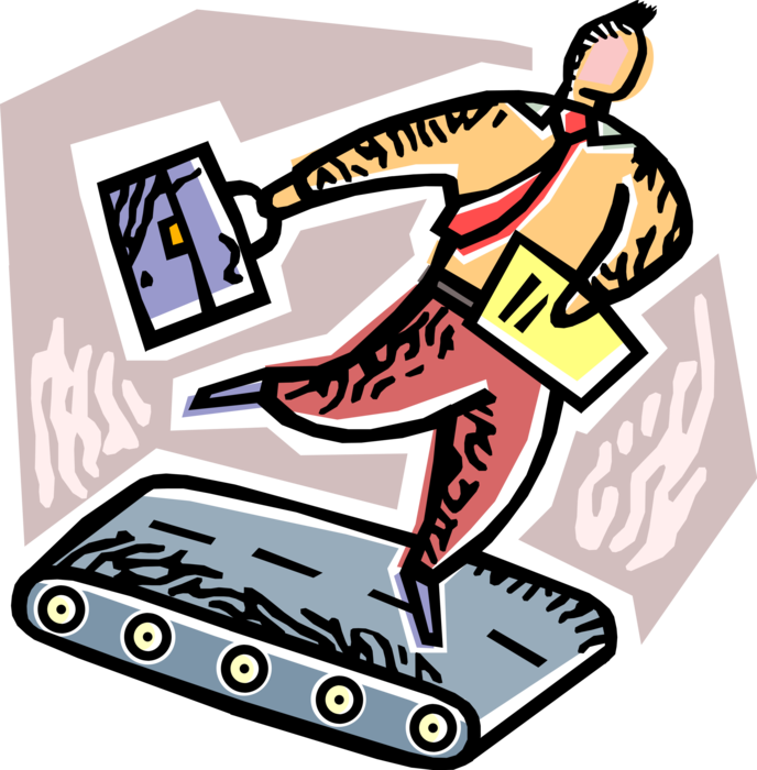 Vector Illustration of Ineffective Businessman Caught in Endless Loop Going Nowhere Running on Treadmill Treadwheel