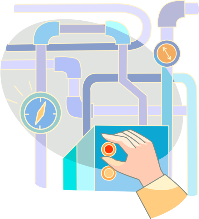 Vector Illustration of Hand Manipulates Controls on Industry Factory Control Systems Heating Pipes