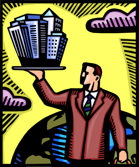 Vector Illustration of Businessman Waiter Serves Commercial Real Estate Office Tower Buildings on Serving Platter