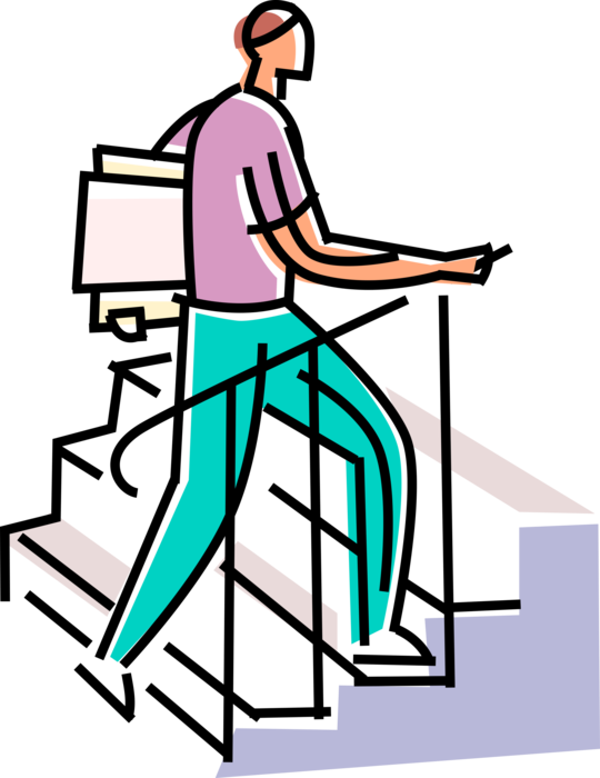 Vector Illustration of Academic Student Climbs School Stairs with Class Project File Folders
