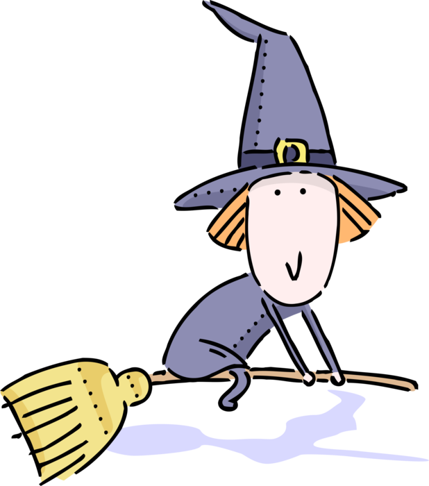 Vector Illustration of Halloween Sorceress Witch Flying on Broomstick Broom