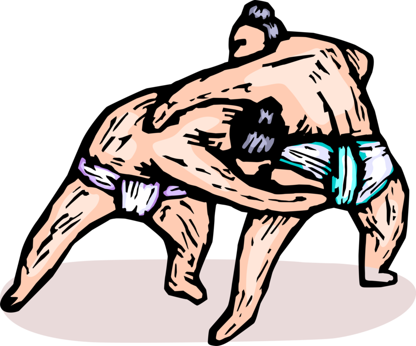 Vector Illustration of Japanese Sumo Wrestlers Wrestle in Competitive Full-Contact Wrestling Sport 