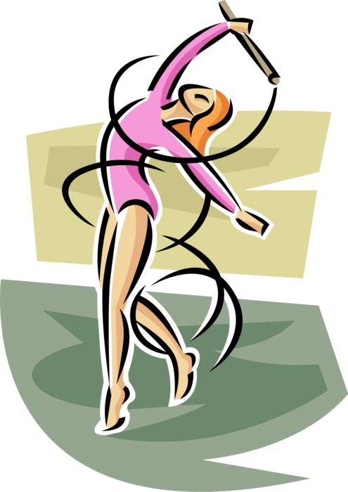 Vector Illustration of Gymnast Performs Competitive Rhythmic Gymnastics Ribbon Floor Routine