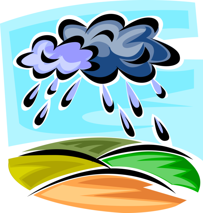 Vector Illustration of Weather Forecast Rain Falls on Earth from Clouds