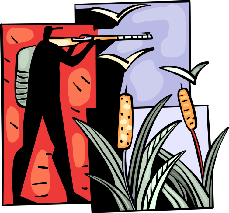 Vector Illustration of Waterfowl Duck Hunter with Shotgun Rifle in Cattail Bulrushes in Marshlands Wetland