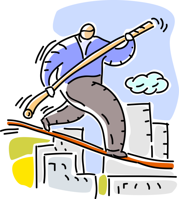 Vector Illustration of Businessman Balances and Walks on Highwire Tightrope 