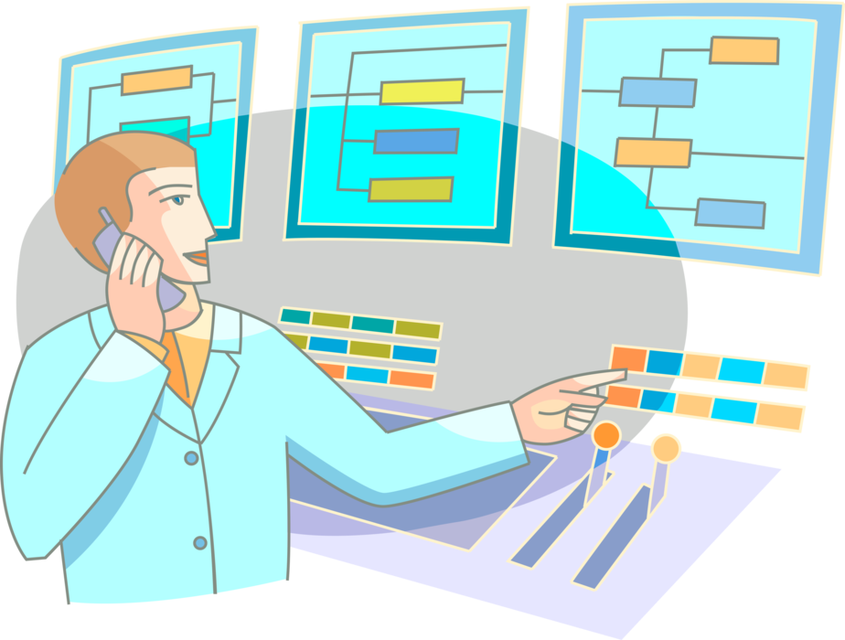 Vector Illustration of Industrial Factory Process Control Room Operator Monitors System Operations