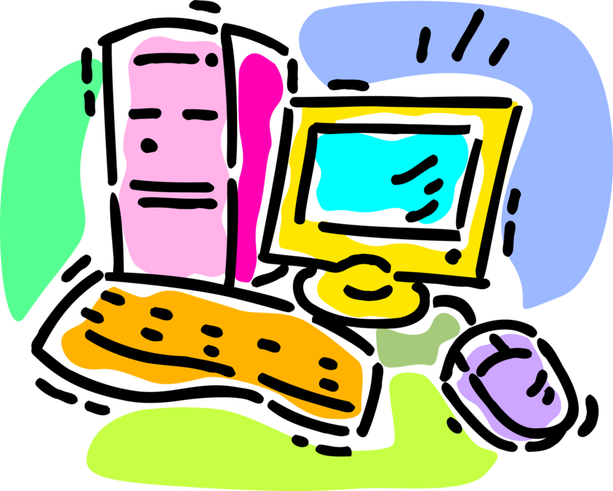 Vector Illustration of General Purpose Programmable Electronic Desktop Computer Device with Monitor, Keyboard, and Mouse