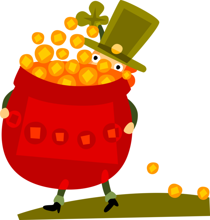 Vector Illustration of Irish Mythology Leprechaun Carries Pot of Gold on St. Patrick's Day