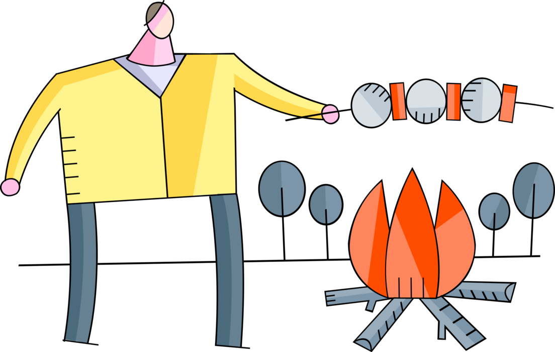 Vector Illustration of Camper Cooks Meal Over Campsite Campfire Fire Providing Light and Warmth for Campers