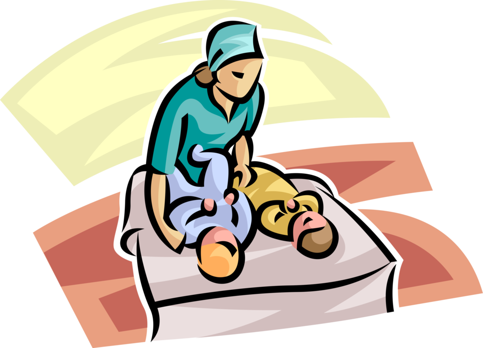 Vector Illustration of Hospital Health Care Nurse Provides Care to Newborn Infant Babies in Children's Hospital 