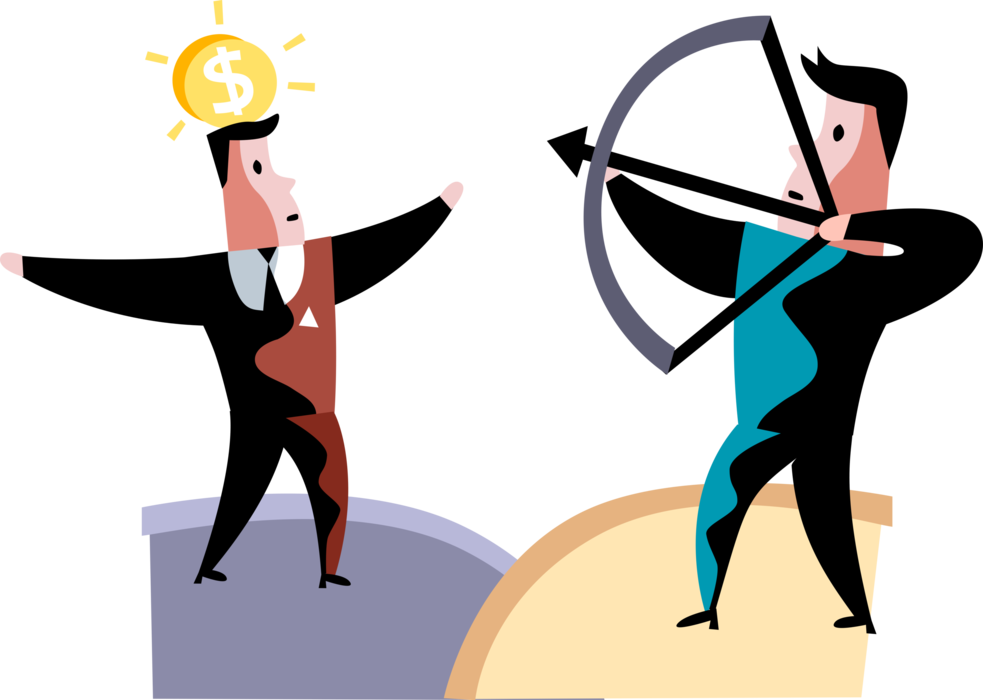 Vector Illustration of Businessman William Tell Shoots Cash Money Dollar Coin from Associate's Head
