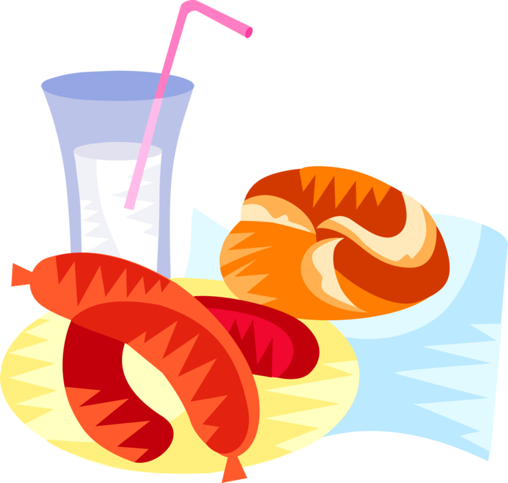Vector Illustration of German Knackwurst Sausage Links and Baked Roll with Drink