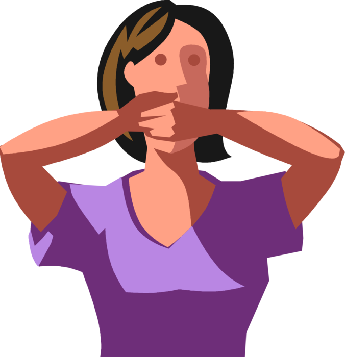 Vector Illustration of Businesswoman Covers Mouth with Hands to Speak No Evil