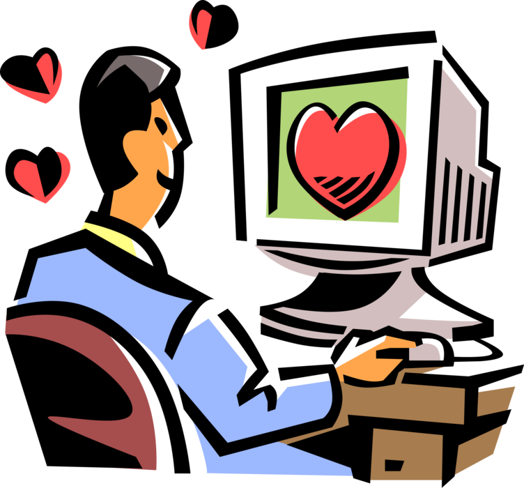 Vector Illustration of Romantic Amorous Man Searches for Love and Romance on the Internet