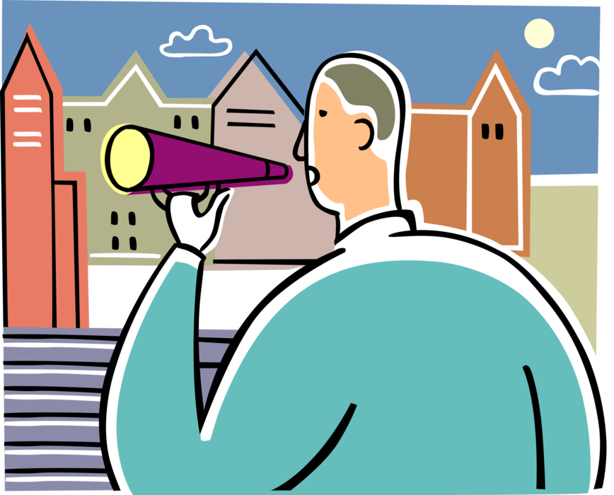Vector Illustration of Businessman Broadcasts Marketing Message with Megaphone or Bullhorn to Amplify Voice