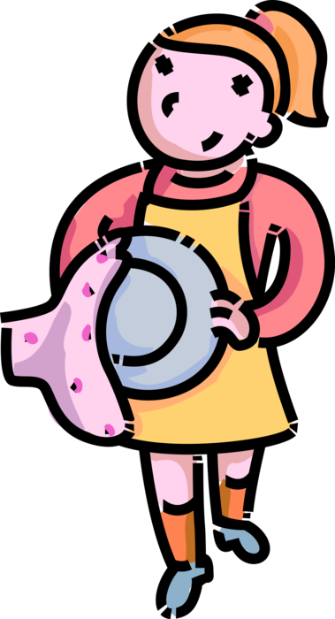 Vector Illustration of Primary or Elementary School Student Girl Does Chores at Home Drying Dishes After Dinner