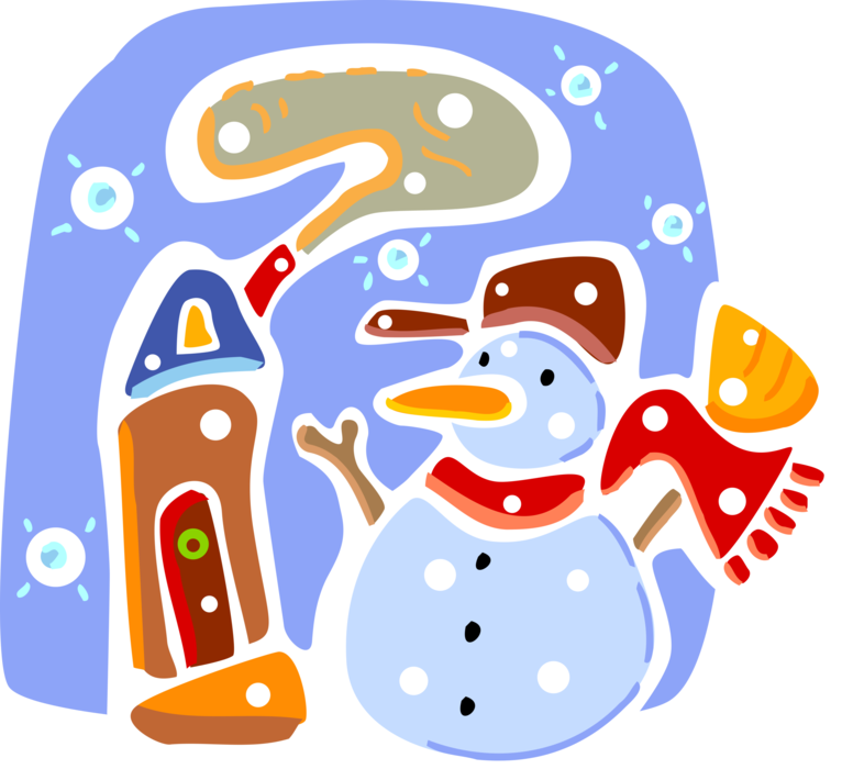 Vector Illustration of Snowman Anthropomorphic Snow Sculpture with Carrot Nose and Residence Dwelling House