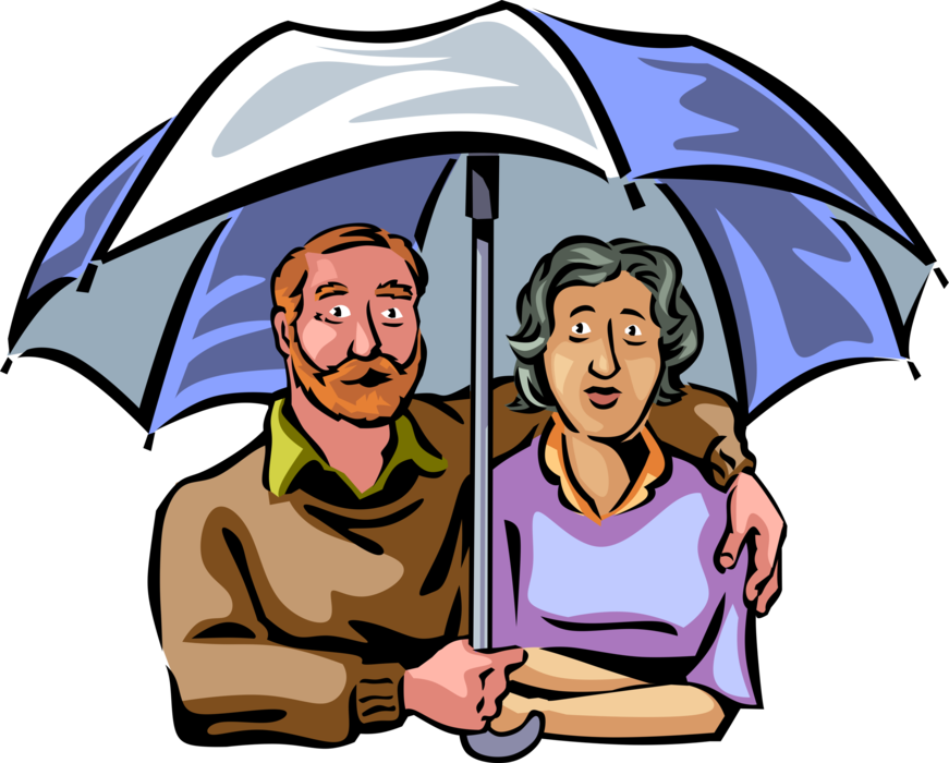Vector Illustration of Retired Elderly Senior Citizen Couple with Health Insurance Coverage Umbrella