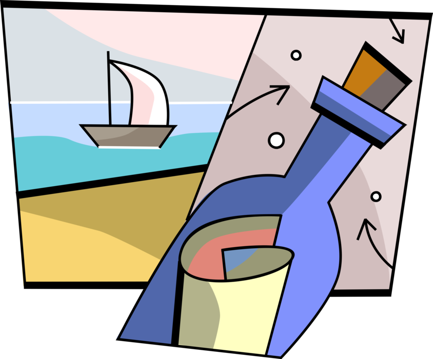 Vector Illustration of Message in Bottle Communication and Sailboat Sailing on Sea Ocean