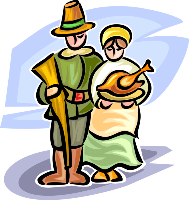 Vector Illustration of Mayflower Pilgrim Pioneers Celebrate First Thanksgiving with Traditional Roast Turkey Dinner