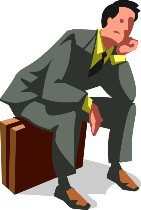 Vector Illustration of Exhausted Disillusioned Businessman Contemplates Future Sitting on Briefcase or Attaché Portfolio Case
