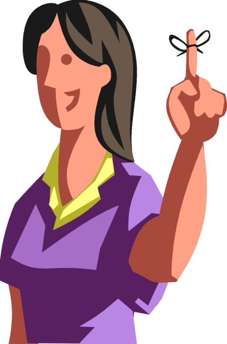 Vector Illustration of Forgetful Businesswoman with Memory Aid String Tied to Finger