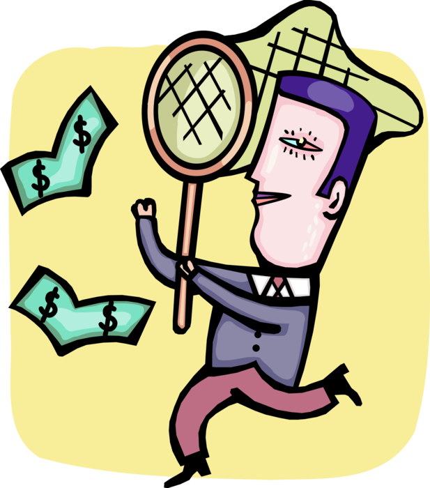 Vector Illustration of Businessman Chases Corporate Financial Profit Cash Money Dollars with Butterfly Net