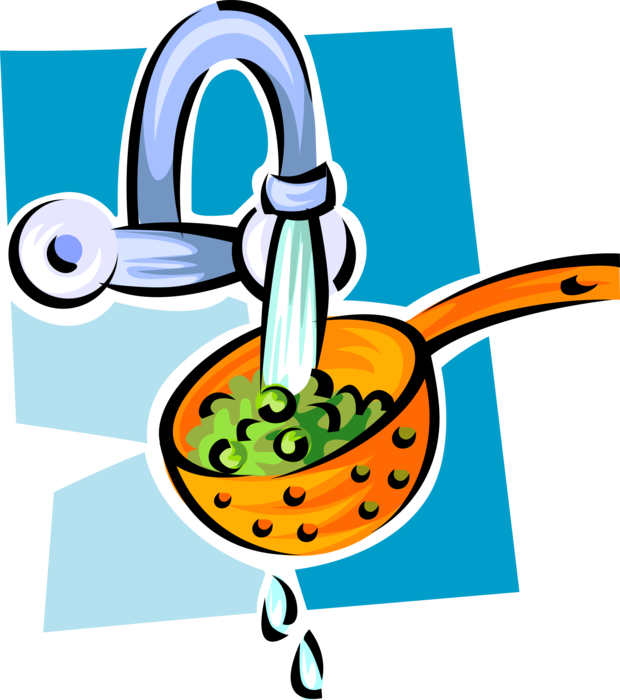 Vector Illustration of Washing Lettuce in Strainer Under Tap Water in Kitchen Sink