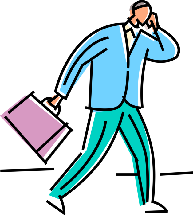 Vector Illustration of Businessman Walks with Briefcase and Talks on Mobile Cell Phone Telephone