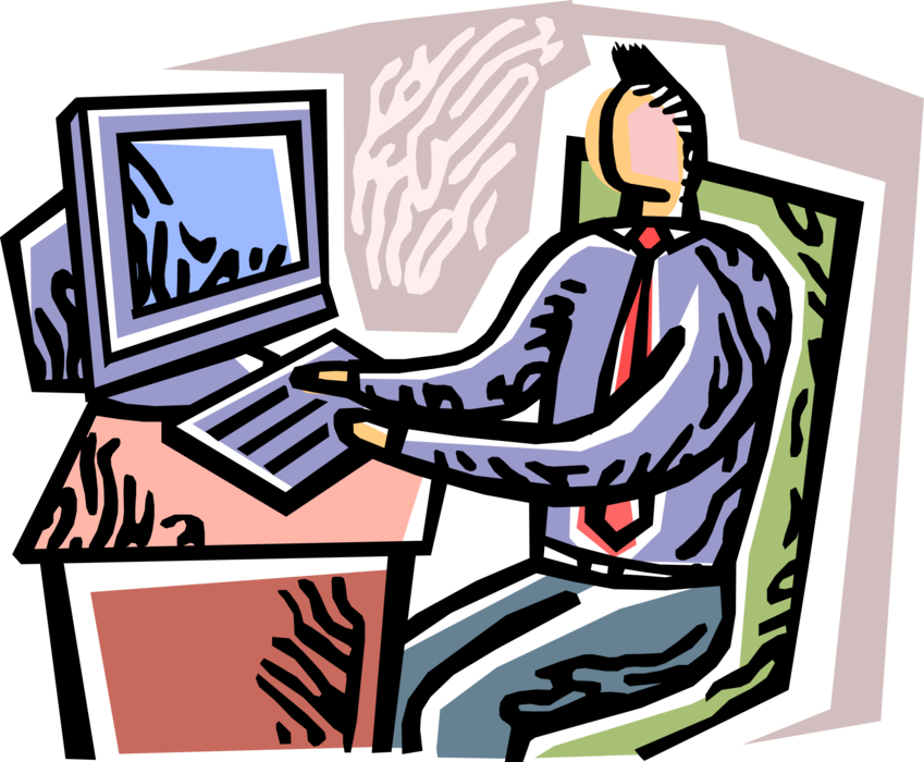 Vector Illustration of Businessman Works at Office Desk on Computer Workstation