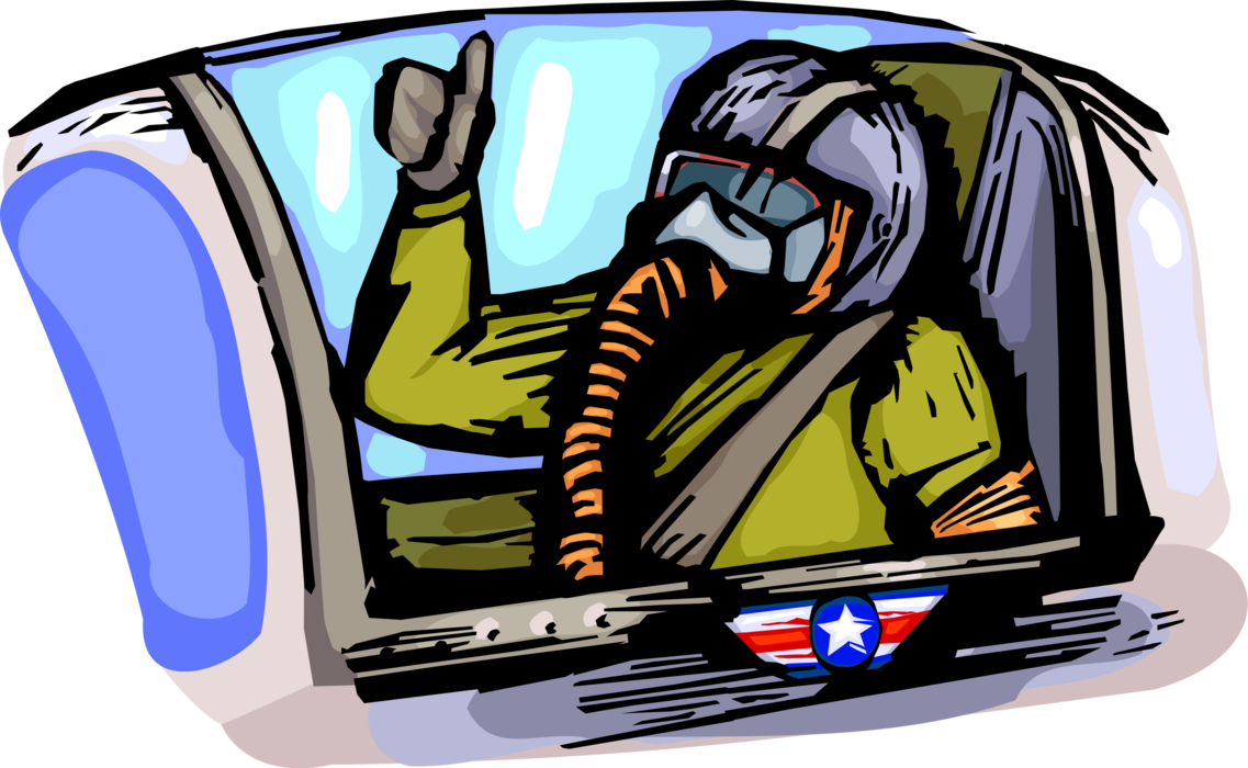 Vector Illustration of Air Force Pilot with Fighter Jet Gives Thumbs Preparing for Take Off from Aircraft Carrier Warship