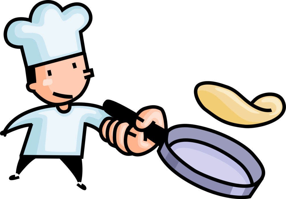 Vector Illustration of Culinary Cuisine Chef Flips Thin Wheat Flour Pancake Crêpe or Crepe in Frying Pan