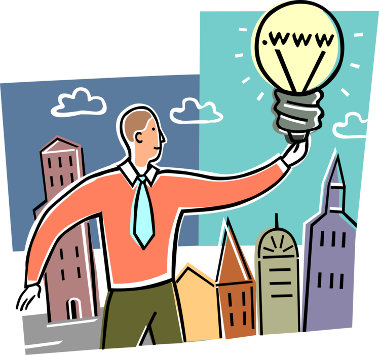 Vector Illustration of Businessman Capitalizes on World Wide Web Electric Light Bulb Symbol of Invention, Innovation, and Good Ideas