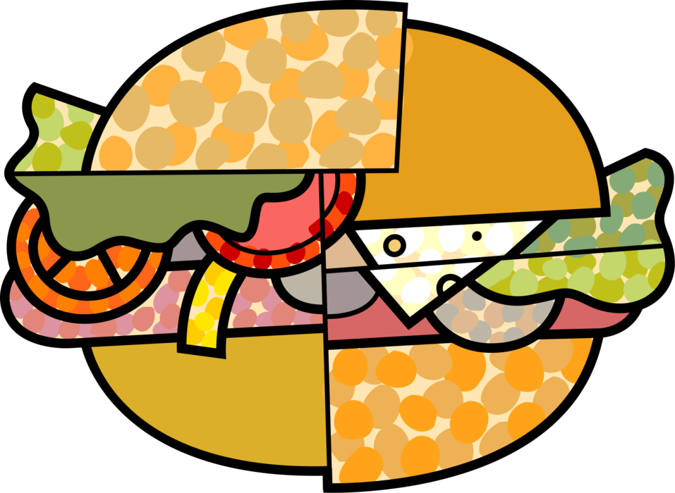 Vector Illustration of Hearty Lunch Sandwich with Lettuce, Cheese, Cold Cuts Meats, and Tomato