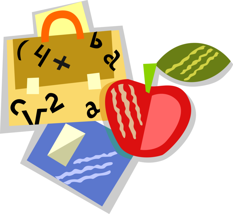 Vector Illustration of Schoolbag and Schoolbook Notebook with Apple Fruit Symbol of Knowledge and Learning