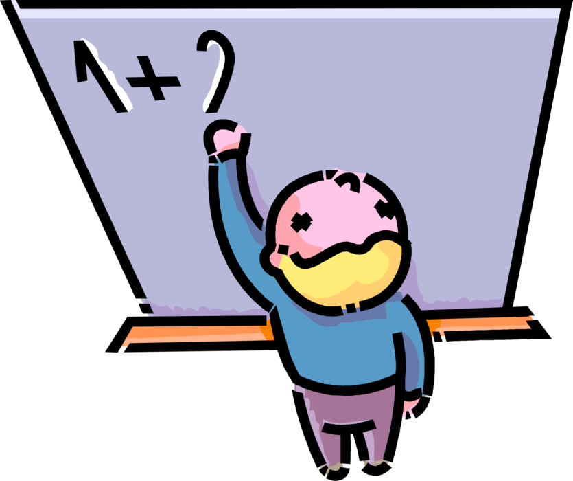 Vector Illustration of Primary or Elementary School Student Boy Works on Math Problem at Classroom Blackboard Chalkboard