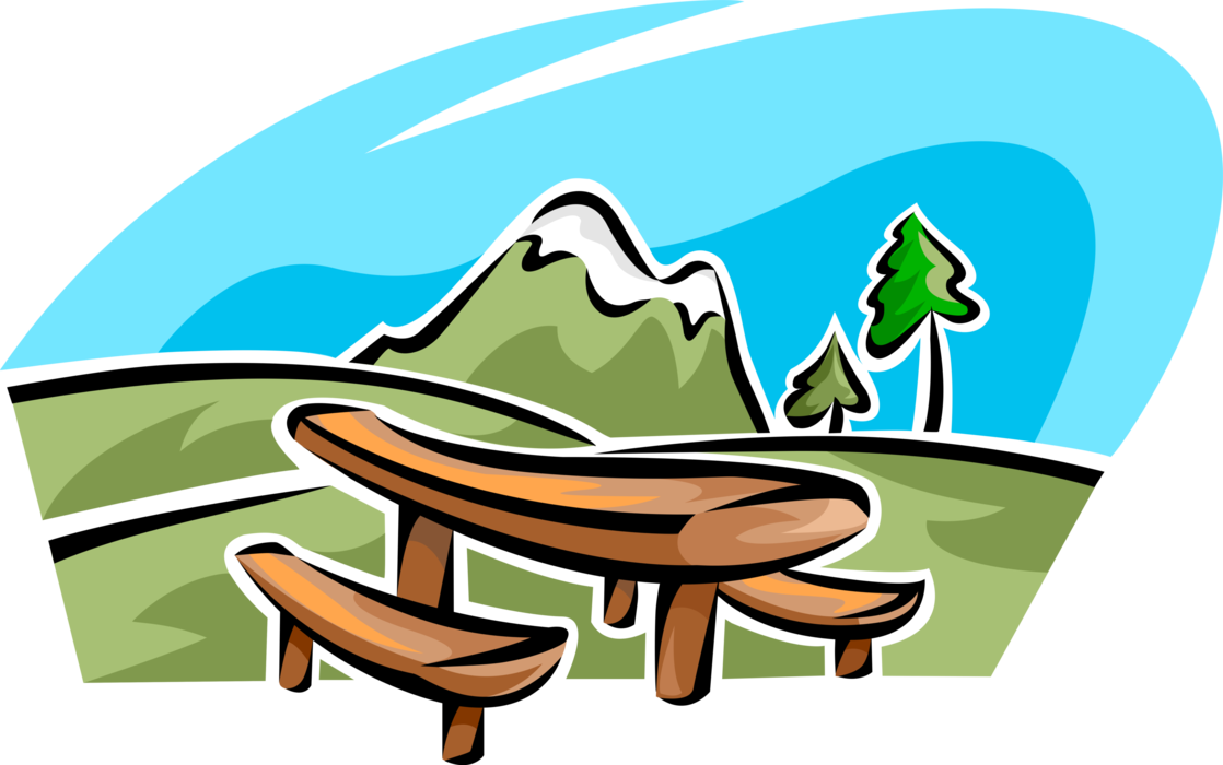 Vector Illustration of Mountain Natural Elevation Rising to Summit with Picnic Table for Eating Meals Outdoors