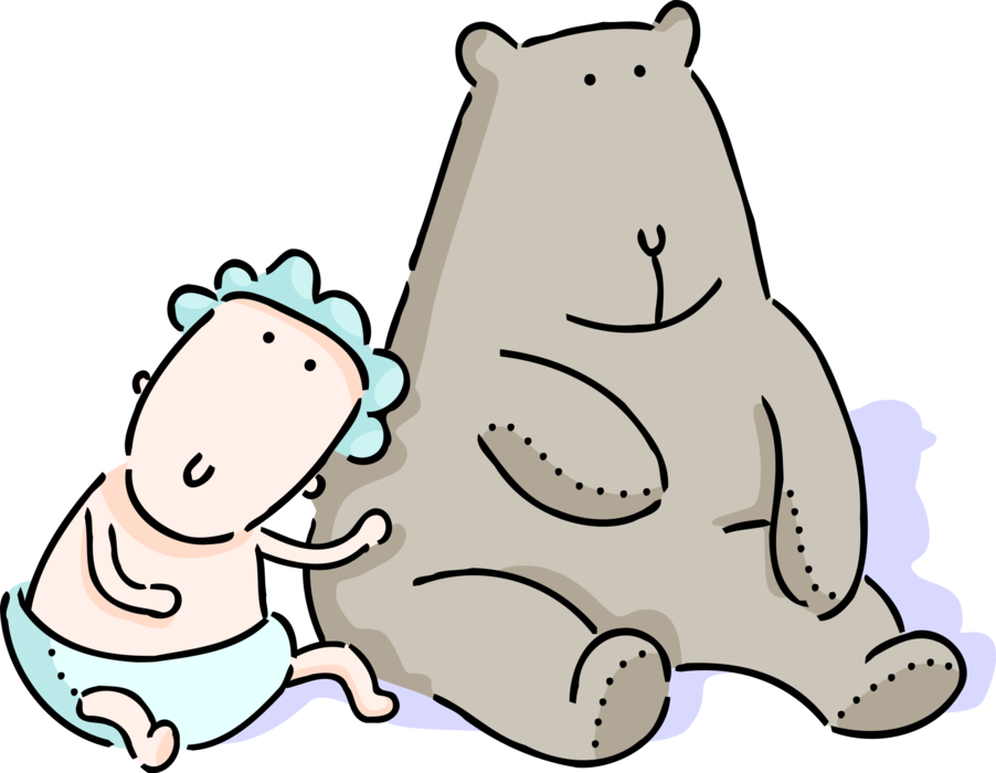 Vector Illustration of Newborn Infant Baby with Large Stuffed Animal Teddy Bear