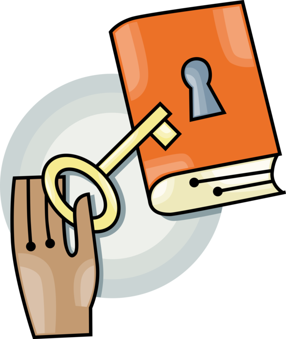 Vector Illustration of Hand with Security Key to Unlock Locked Book of Knowledge and Learning