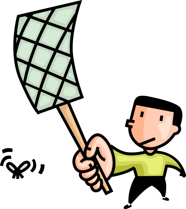 Vector Illustration of Man Swats Flying Insect Bug with Fly-Killing Fly Swatter Device Pest Control 