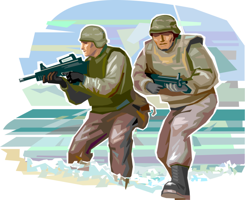 Vector Illustration of Heavily Armed United States Military Soldiers in Theater of War Combat Operations Battle Zone